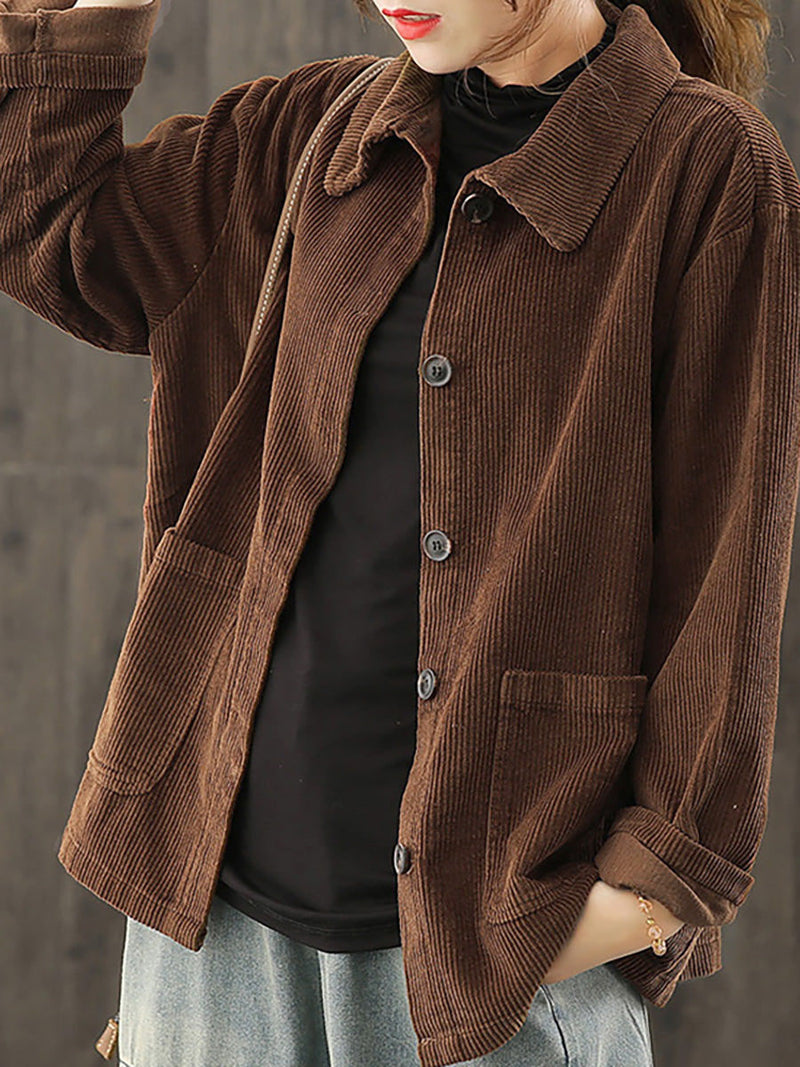 Plus Size Women Solid Color Pocket Corduroy Jacket Coat