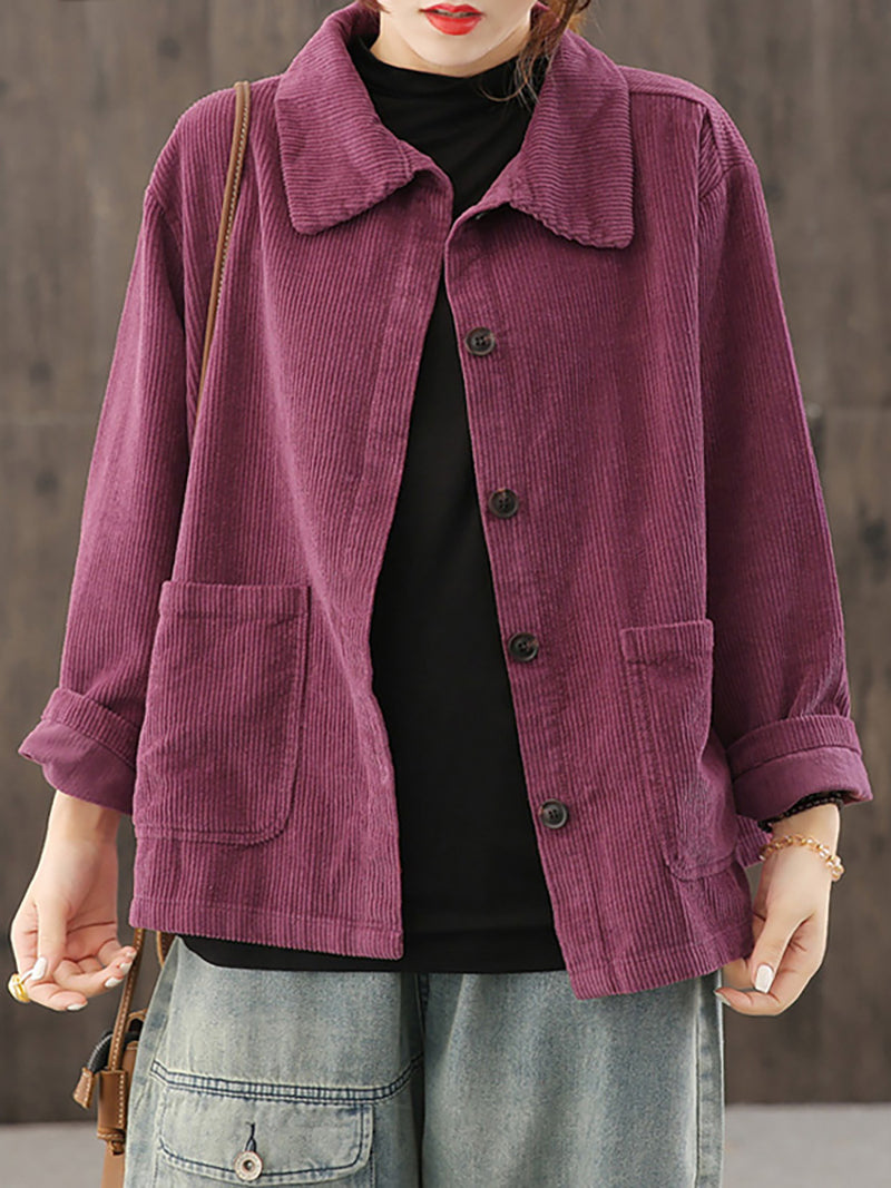 Plus Size Women Solid Color Pocket Corduroy Jacket Coat