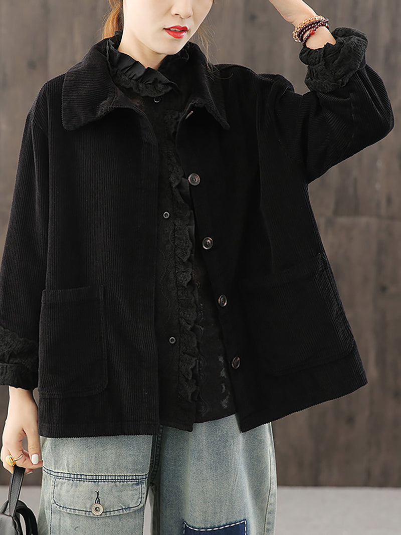 Plus Size Women Solid Color Pocket Corduroy Jacket Coat