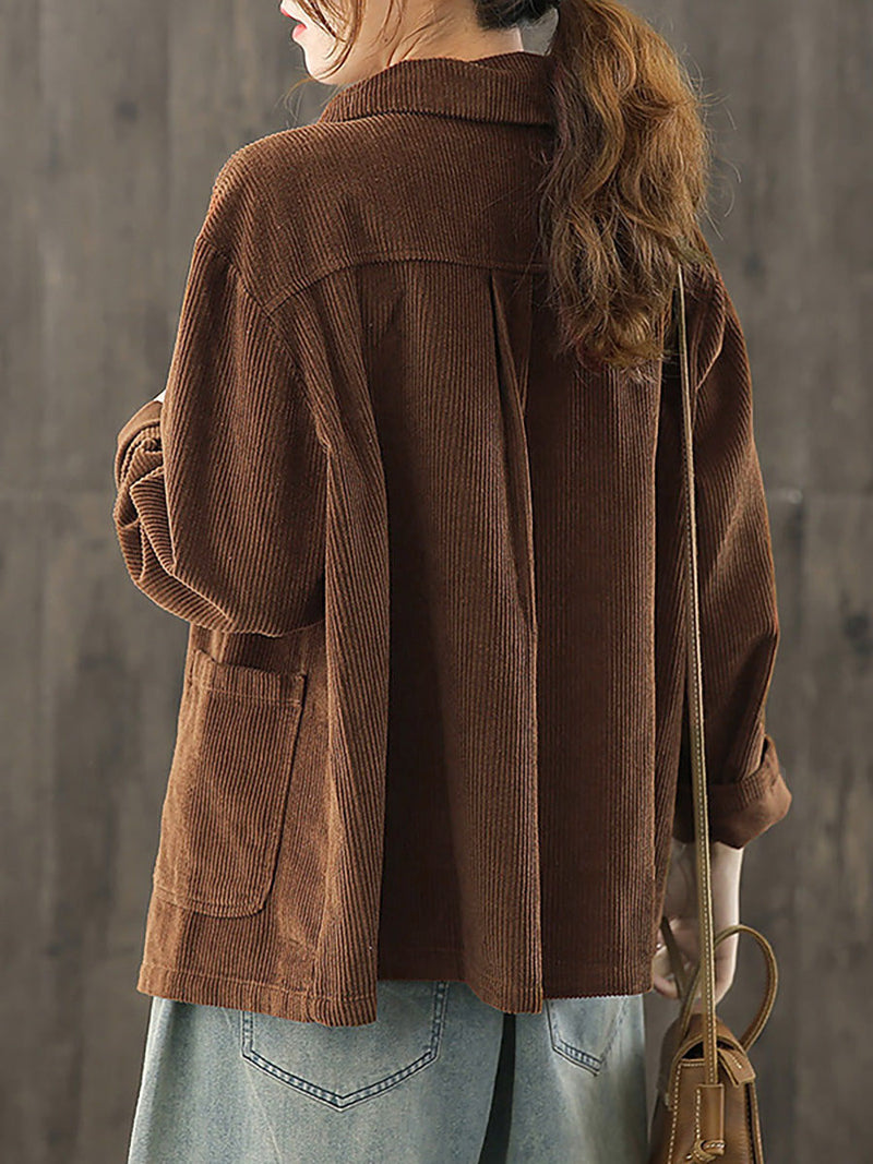 Plus Size Women Solid Color Pocket Corduroy Jacket Coat