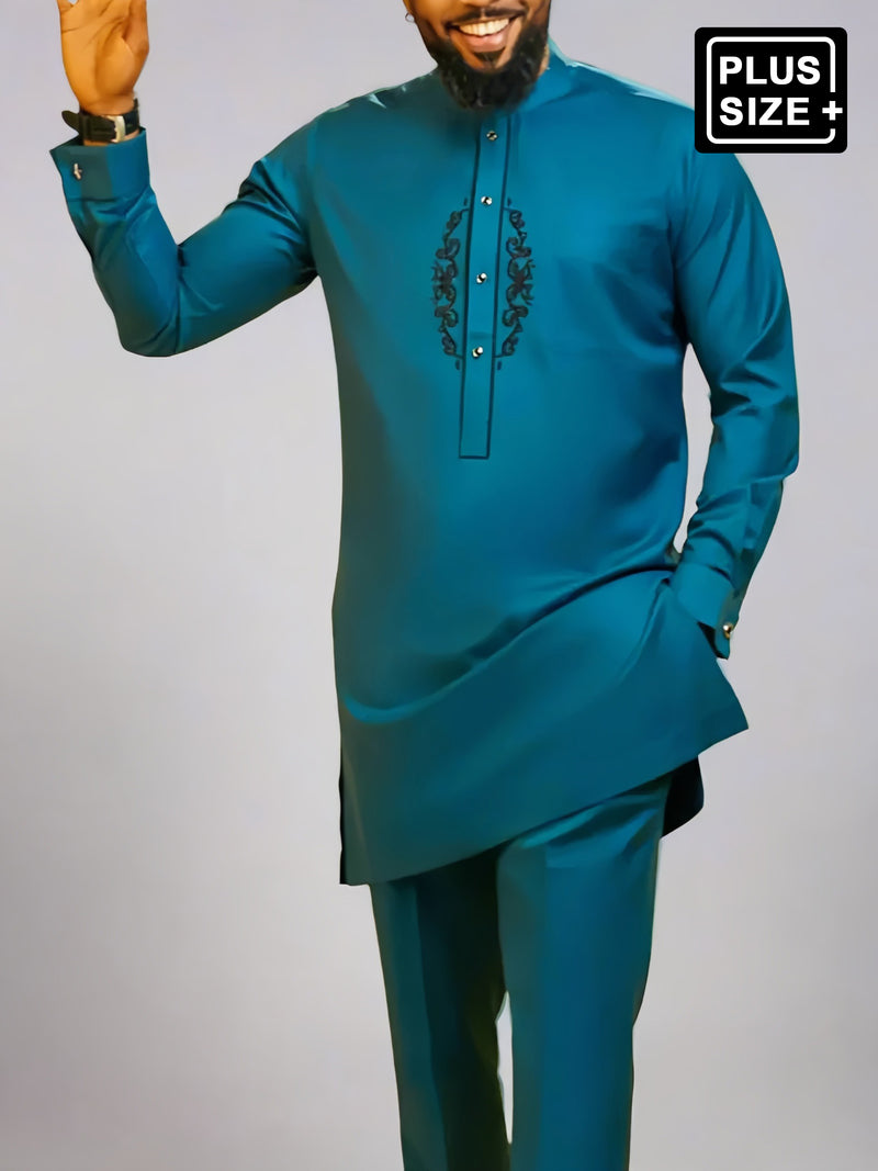 Plus Size Band Collar Blue Embroidered Men's Set