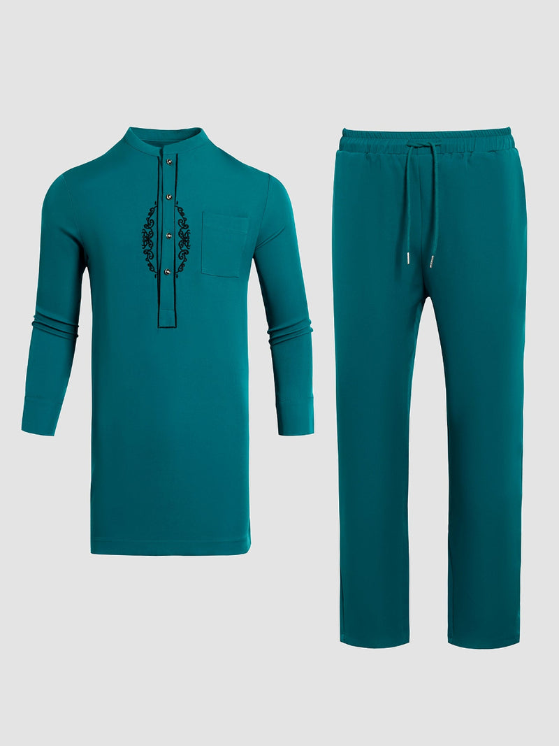 Plus Size Band Collar Blue Embroidered Men's Set
