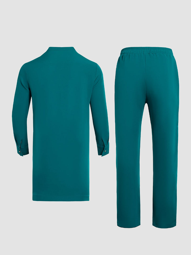 Plus Size Band Collar Blue Embroidered Men's Set