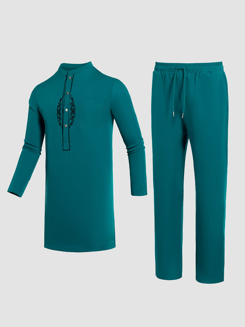 Plus Size Band Collar Blue Embroidered Men's Set