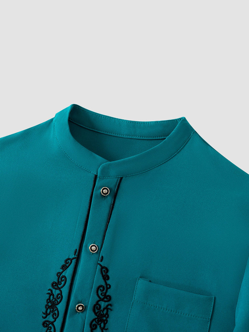 Plus Size Band Collar Blue Embroidered Men's Set
