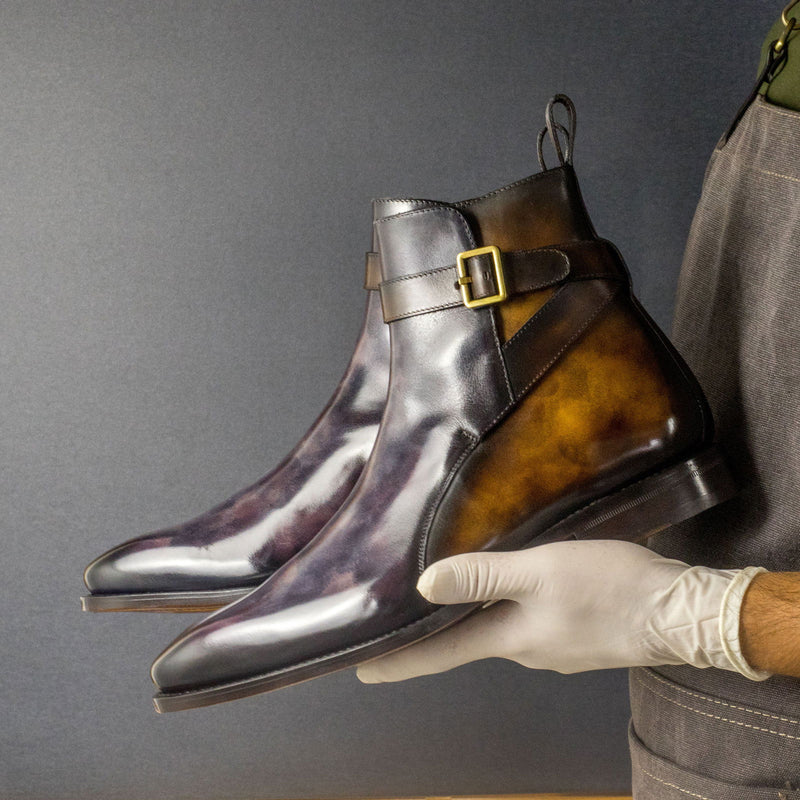 Men's Jodhpur Boots Patina Leather Goodyear Welt Wide Plus Size Violet Brown 4411