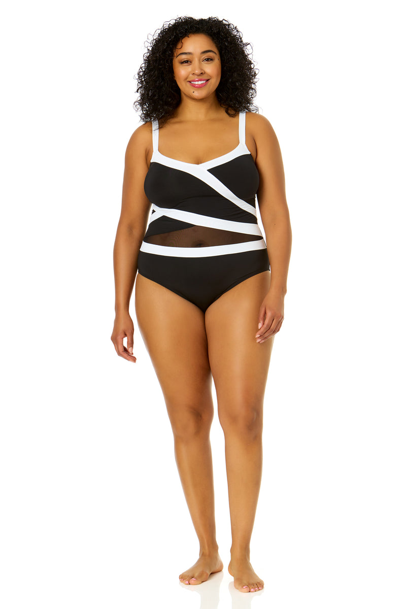 Women's Plus Size Mesh Around Mesh Insert One Piece Swimsuit