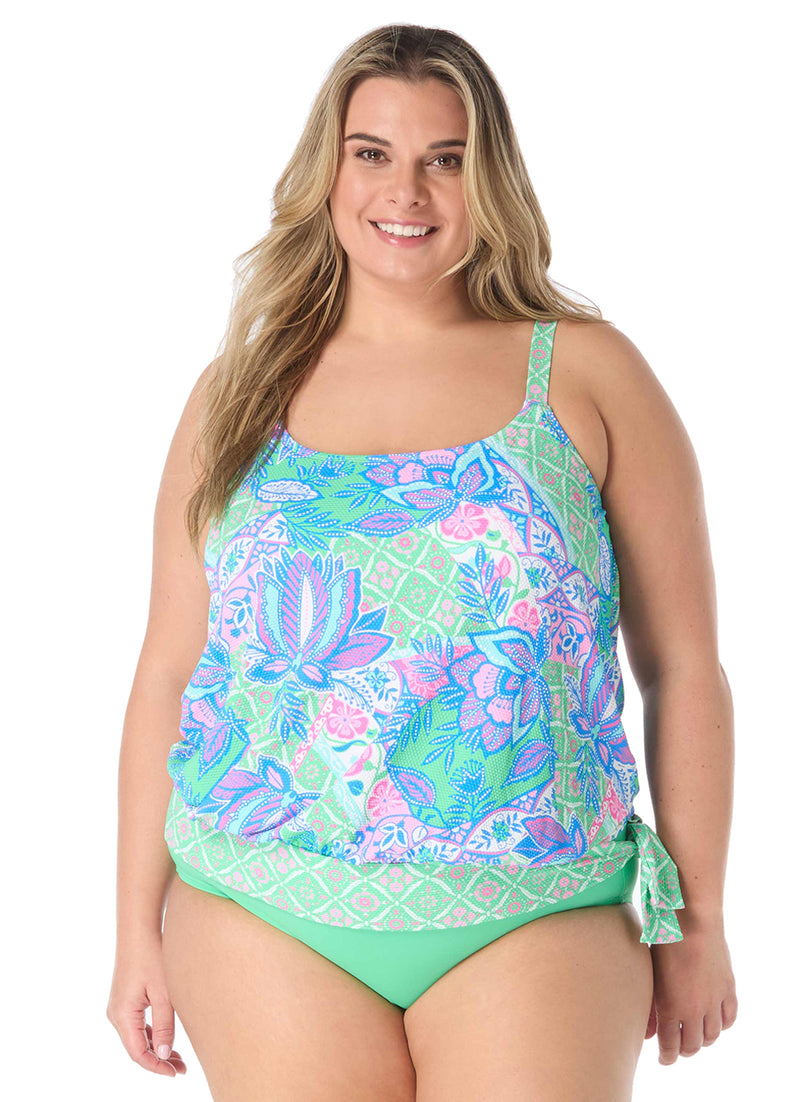 Beach House Women's Plus Size Estate Mosaic Pique Sarah Blouson Tankini Top