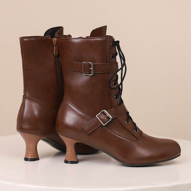 Comfortable Mid Heel Women's Boots - Lace-Up, Plus Size Fashionable Style