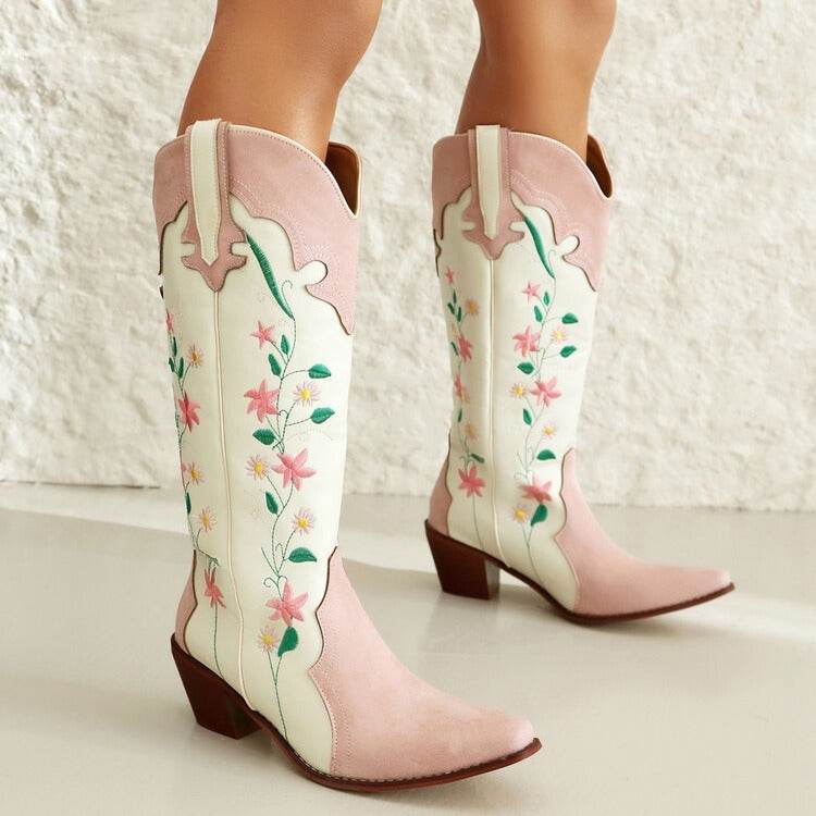 Plus Size Embroidered Knee-high Boots - Thick-Heeled Floral Design
