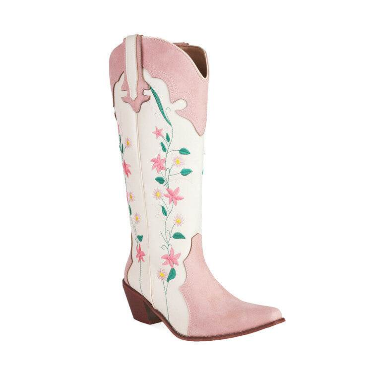 Plus Size Embroidered Knee-high Boots - Thick-Heeled Floral Design