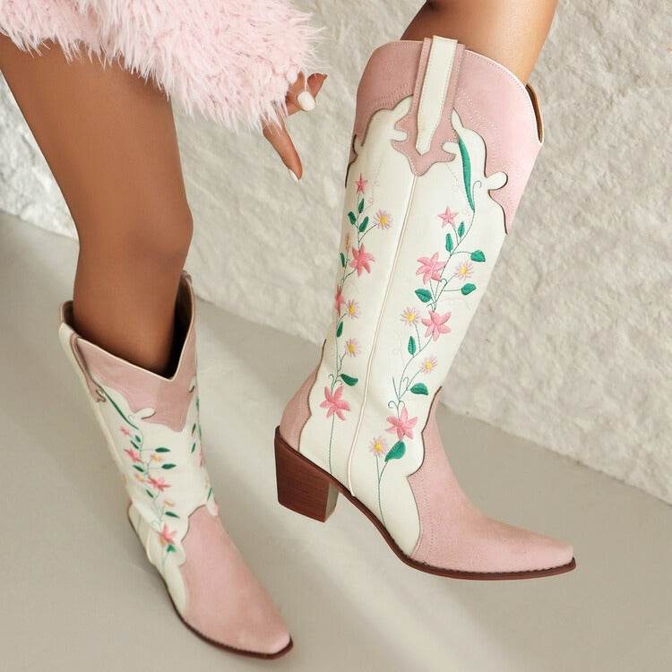 Plus Size Embroidered Knee-high Boots - Thick-Heeled Floral Design