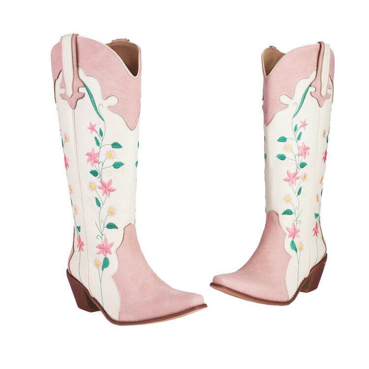 Plus Size Embroidered Knee-high Boots - Thick-Heeled Floral Design