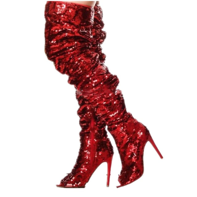 Kinky - Drag Queen Red Sequin Thigh High Boots - Plus Size
