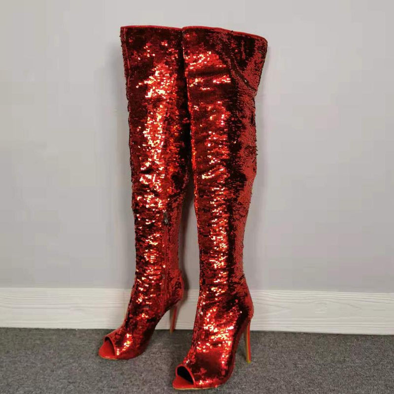 Kinky - Drag Queen Red Sequin Thigh High Boots - Plus Size