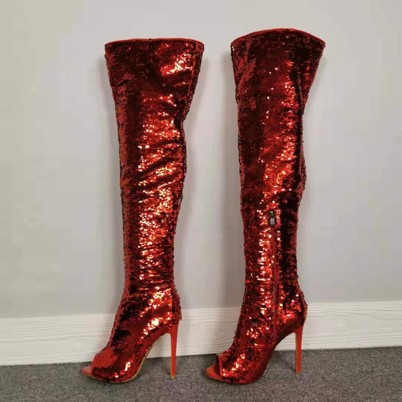 Kinky - Drag Queen Red Sequin Thigh High Boots - Plus Size