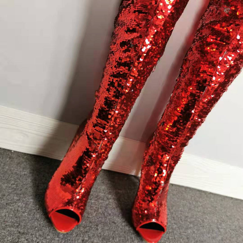 Kinky - Drag Queen Red Sequin Thigh High Boots - Plus Size