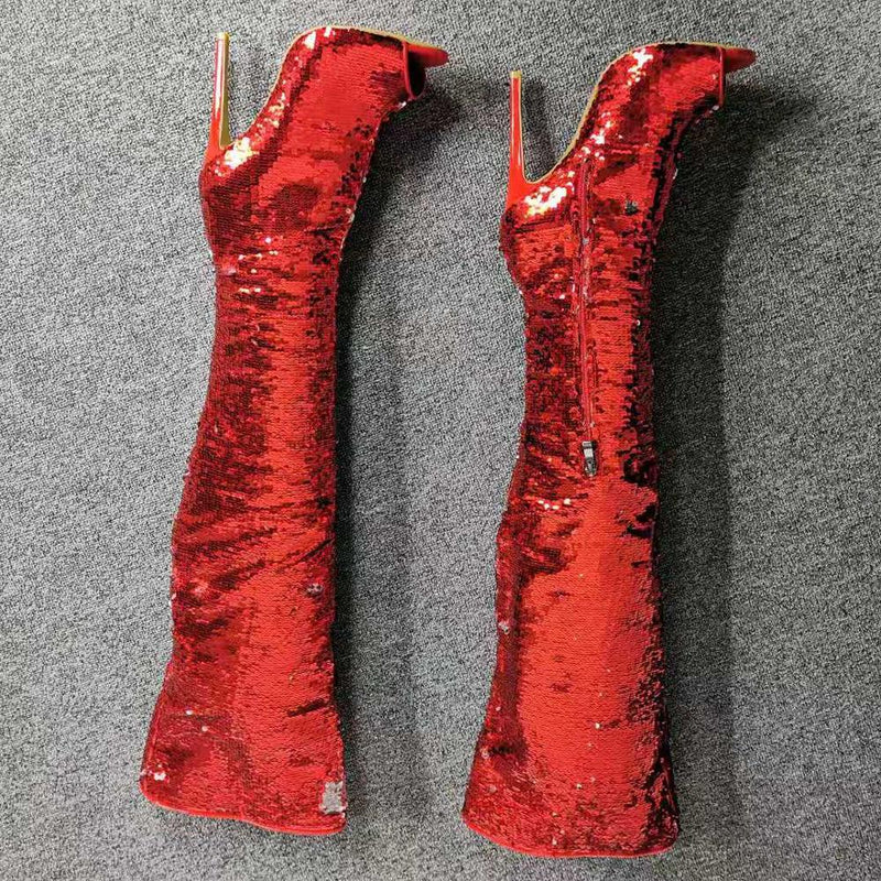 Kinky - Drag Queen Red Sequin Thigh High Boots - Plus Size