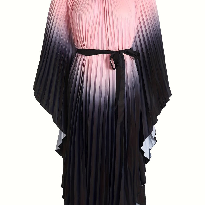 Plus Size Ombre Print Pleated Belted Dress, Elegant Batwing Sleeve Crew Neck Dress For Spring & Summer, Women's Plus Size Clothing