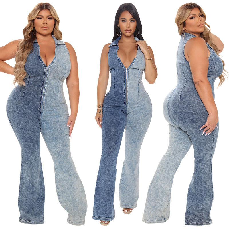 Plus Size Women Clothing  Autumn New Color Matching Wash Sexy Denim Jumpsuit
