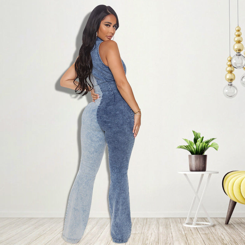Plus Size Women Clothing  Autumn New Color Matching Wash Sexy Denim Jumpsuit