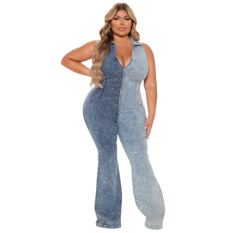 Plus Size Women Clothing  Autumn New Color Matching Wash Sexy Denim Jumpsuit