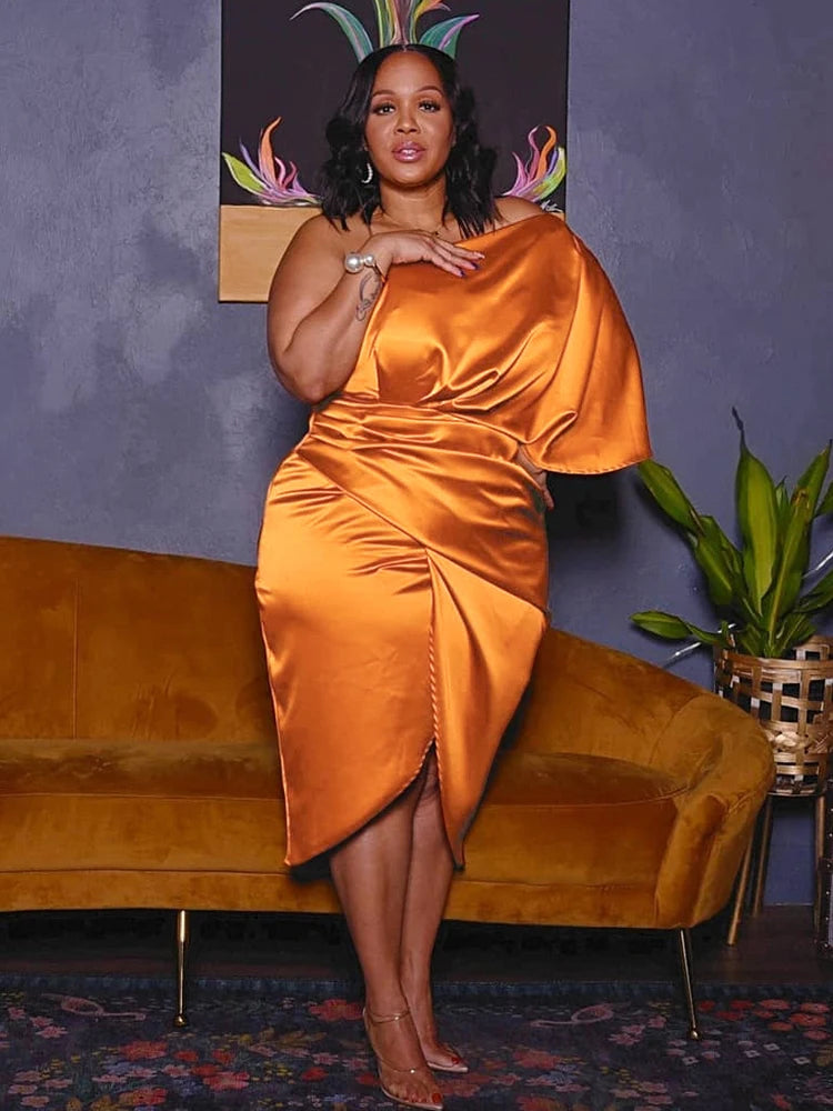 Plus Size Women Clothing One Shoulder Wedding Dress Big Lady Elegant Satin Short Dress Dresses 5xl Wholesale Bulk Dropshipping