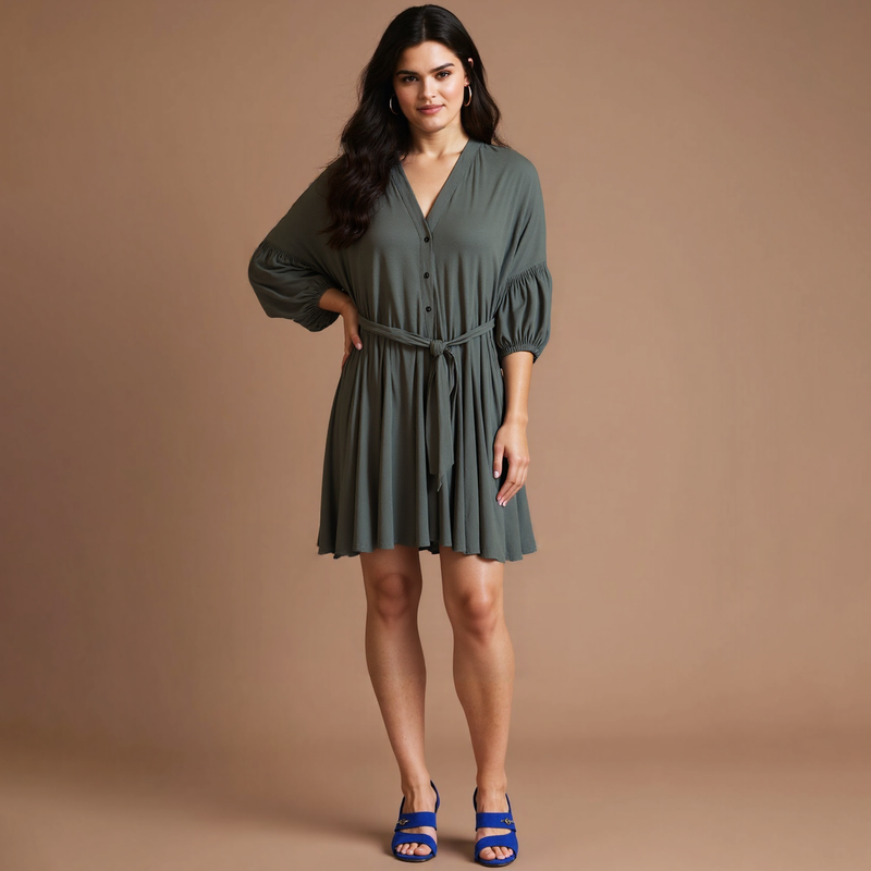 Plus Size Clothing High Quality Affordable Sash Scalloped Pleats 3/4Sleeve Raglan Shoulder Desss