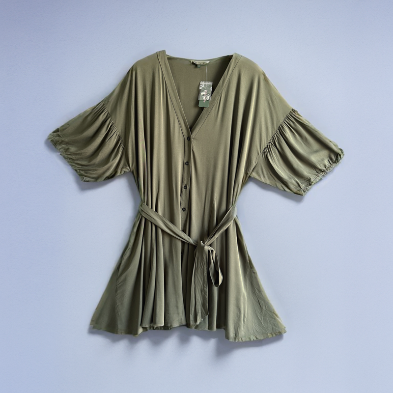 Plus Size Clothing High Quality Affordable Sash Scalloped Pleats 3/4Sleeve Raglan Shoulder Desss