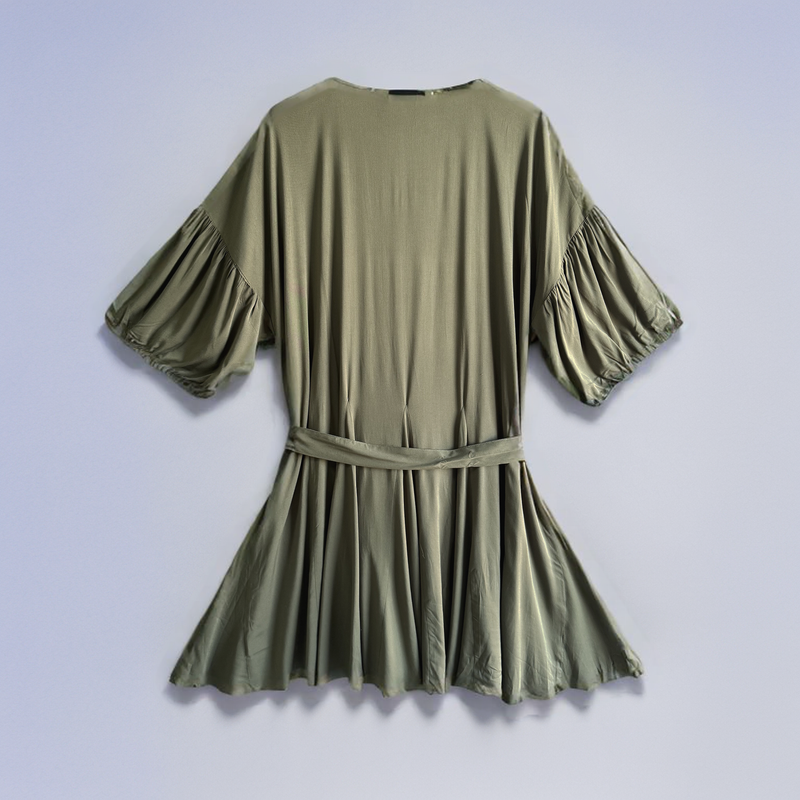 Plus Size Clothing High Quality Affordable Sash Scalloped Pleats 3/4Sleeve Raglan Shoulder Desss