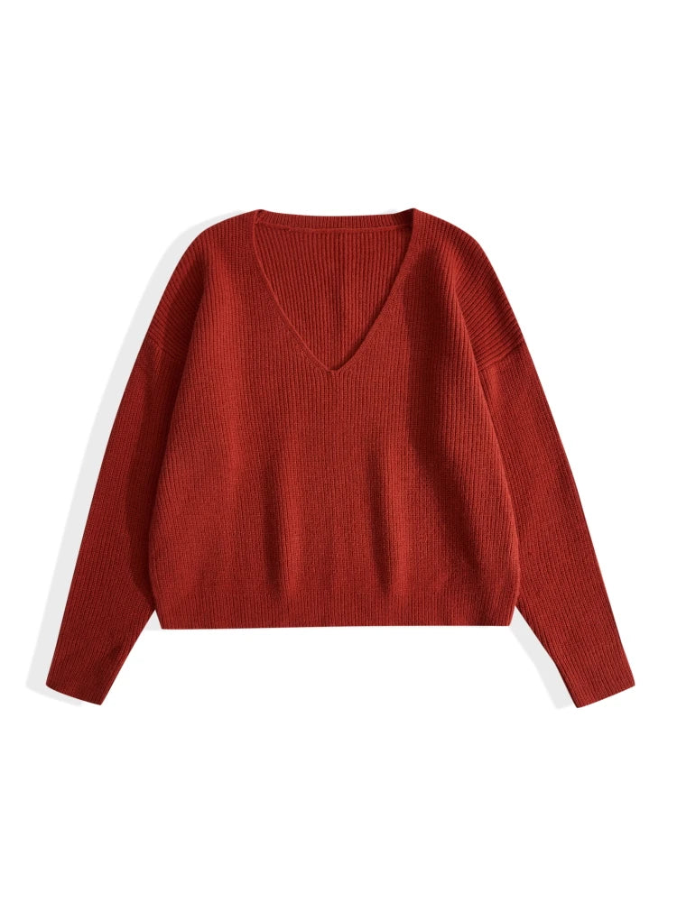 ONELINK Solid Red V Neck 2022 Autumn Winter Plus Size Women Woolen Sweater Knit Pullover Oversize Clothing Minimalist Luxury
