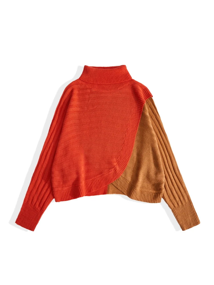 ONELINK Orange Brown Asymmetric Design Mock Neck Batwing Plus Size Autumn Winter Women Pullover Sweater Oversize Woolen Clothing