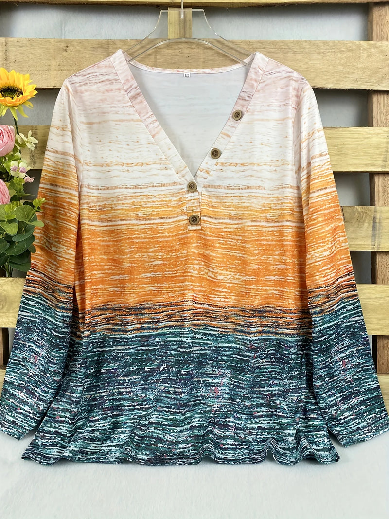 Plus Size Colorblock Striped T-Shirt Casual Crew Neck Long Sleeve T-Shirt Women's Plus Size Elegant Clothing