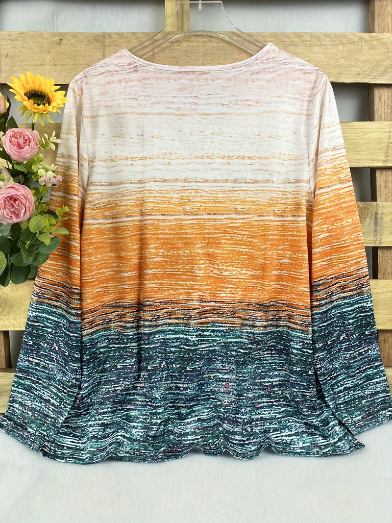 Plus Size Colorblock Striped T-Shirt Casual Crew Neck Long Sleeve T-Shirt Women's Plus Size Elegant Clothing
