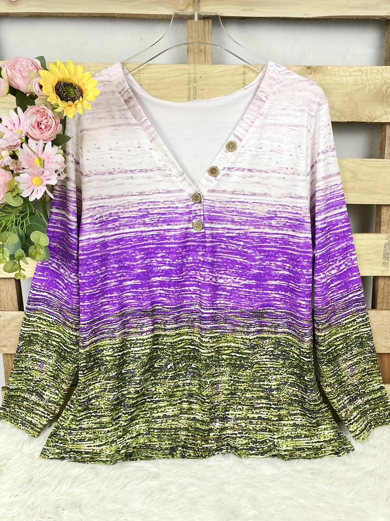 Plus Size Colorblock Striped T-Shirt Casual Crew Neck Long Sleeve T-Shirt Women's Plus Size Elegant Clothing