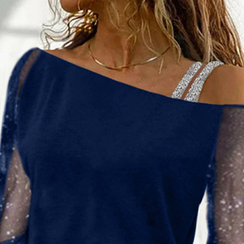 Plus Size L-3XL  Women Autumn Sexy Lace Mesh Long Sleeve  Ladies Off Shoulder Casual Blouse Quality Clothing