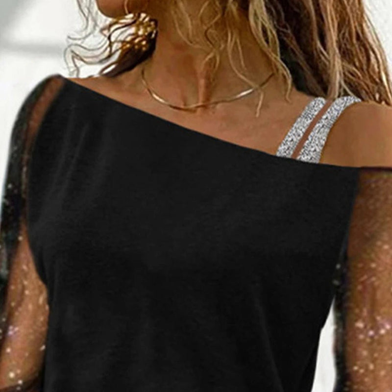 Plus Size L-3XL  Women Autumn Sexy Lace Mesh Long Sleeve  Ladies Off Shoulder Casual Blouse Quality Clothing
