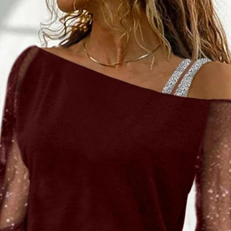 Plus Size L-3XL  Women Autumn Sexy Lace Mesh Long Sleeve  Ladies Off Shoulder Casual Blouse Quality Clothing