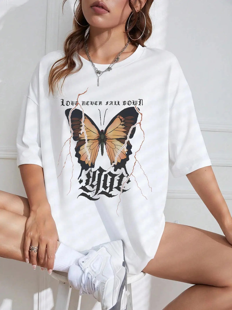 Graphic & Letter Print Crew Neck T-Shirt Women Plus Size Cotton Tshirts Soft Cool Tee Clothing Casual Short Sleeve