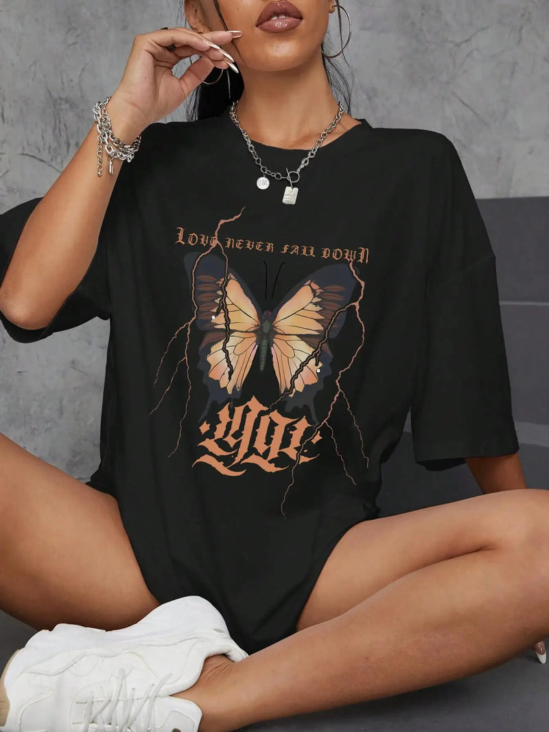 Graphic & Letter Print Crew Neck T-Shirt Women Plus Size Cotton Tshirts Soft Cool Tee Clothing Casual Short Sleeve
