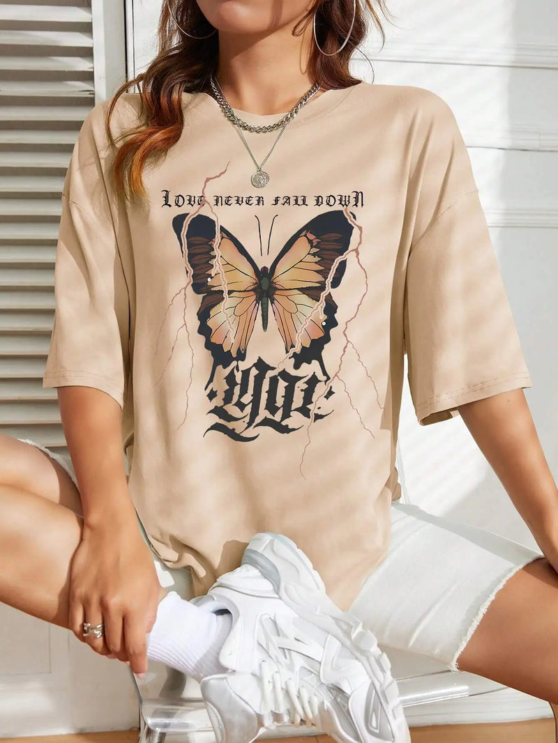 Graphic & Letter Print Crew Neck T-Shirt Women Plus Size Cotton Tshirts Soft Cool Tee Clothing Casual Short Sleeve