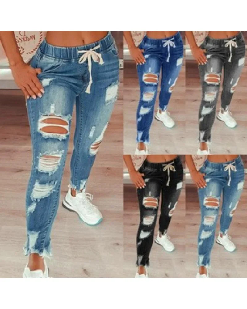 Women's clothing jeans plus size tight jeans women's mid waist lace up slim fit elastic foot pants perforated pants fashionable