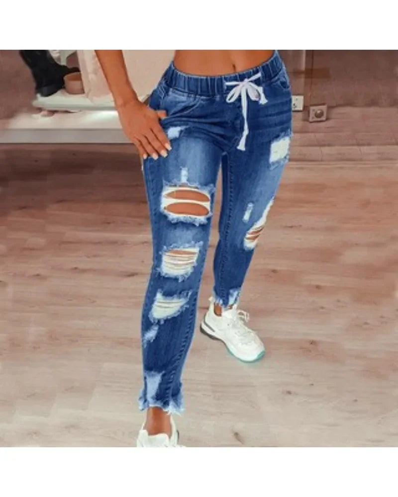 Women's clothing jeans plus size tight jeans women's mid waist lace up slim fit elastic foot pants perforated pants fashionable