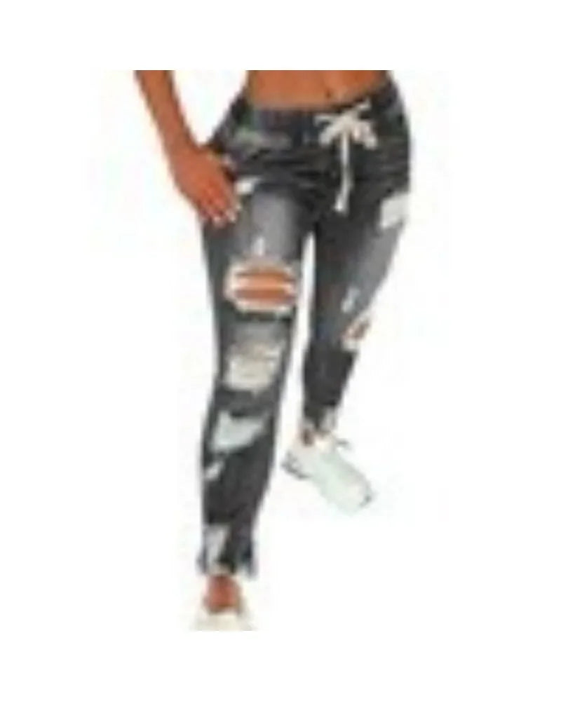Women's clothing jeans plus size tight jeans women's mid waist lace up slim fit elastic foot pants perforated pants fashionable