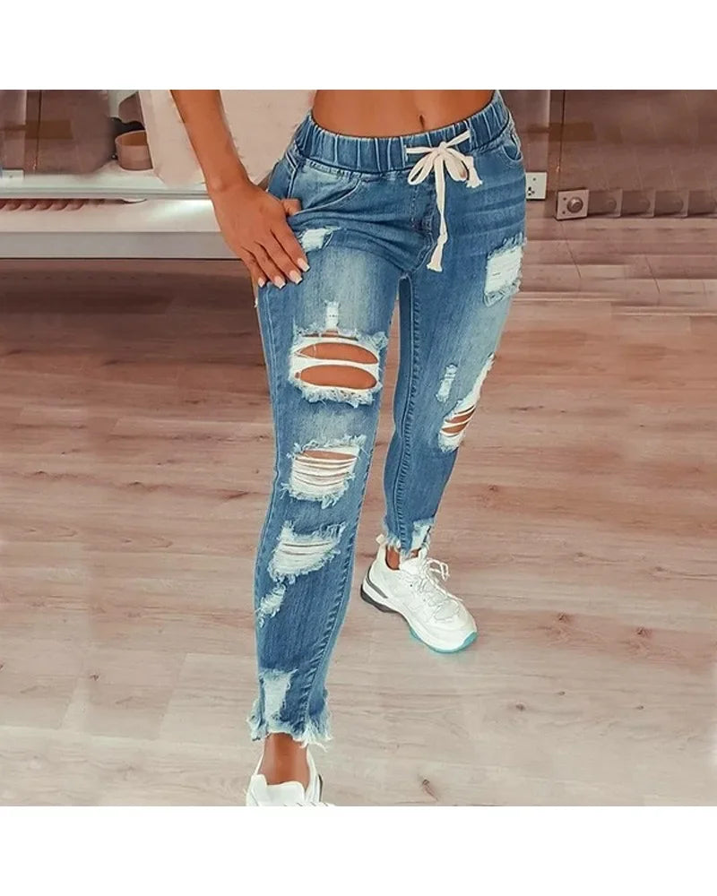 Women's clothing jeans plus size tight jeans women's mid waist lace up slim fit elastic foot pants perforated pants fashionable