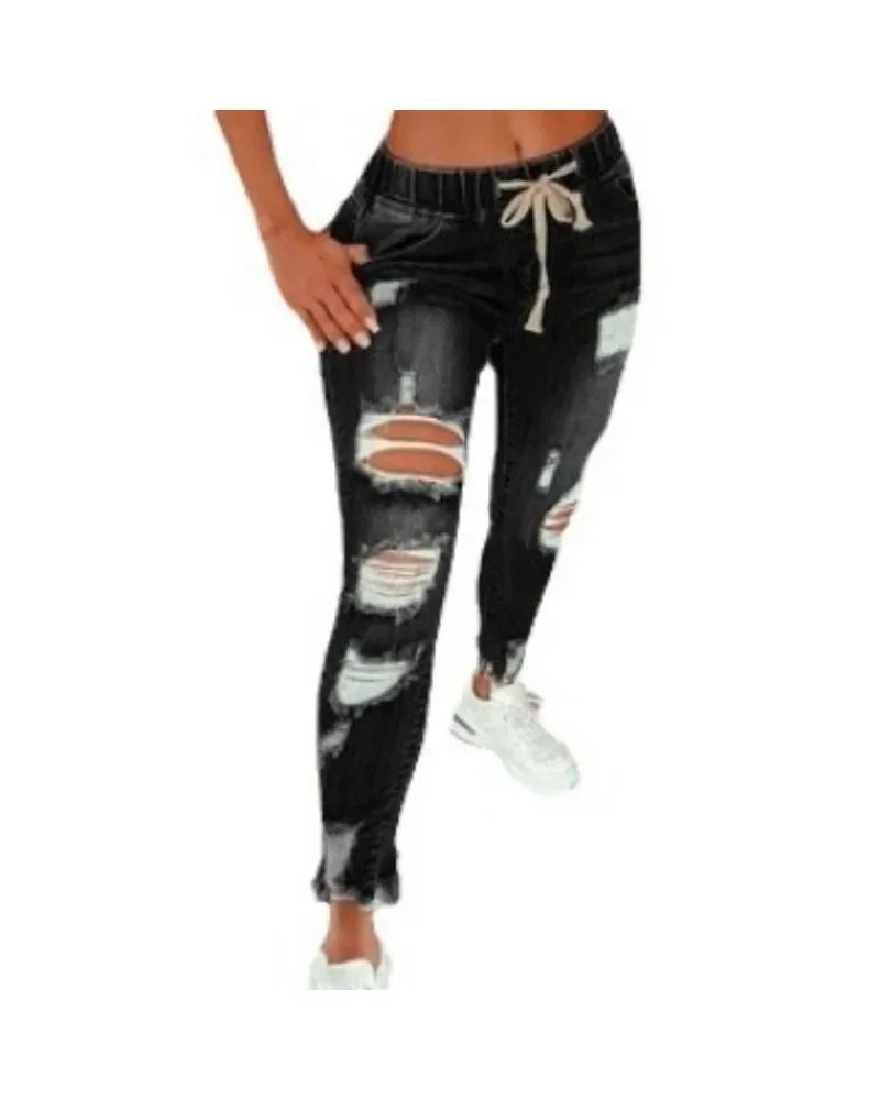 Women's clothing jeans plus size tight jeans women's mid waist lace up slim fit elastic foot pants perforated pants fashionable