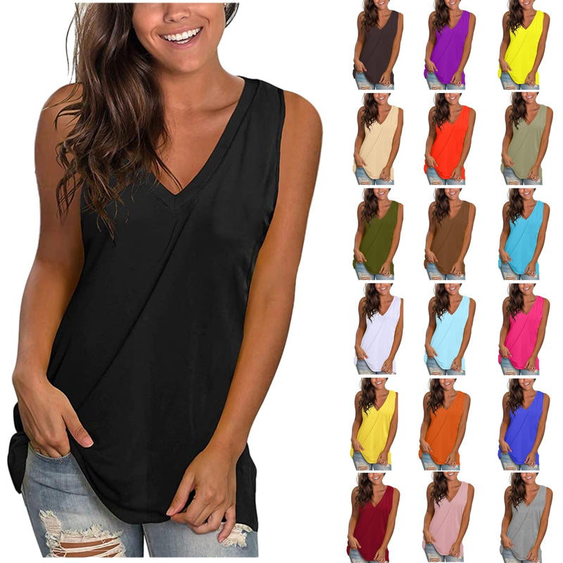 QACKNE Clearance and Sale Tank Tops for Women 2024 Casual V Neck Sleeveless Shirts Loose Fit Basic Workout T-Shirt Solid Summer Fashion Clothes Casual Tops for Women Plus Size