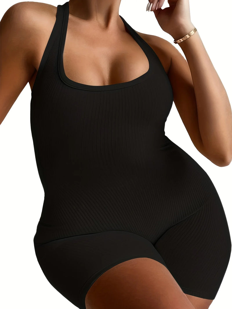 Plus Size Fashion Black Halter Jumpsuit, Women's Solid Color Sexy Body-Con Black Clothes