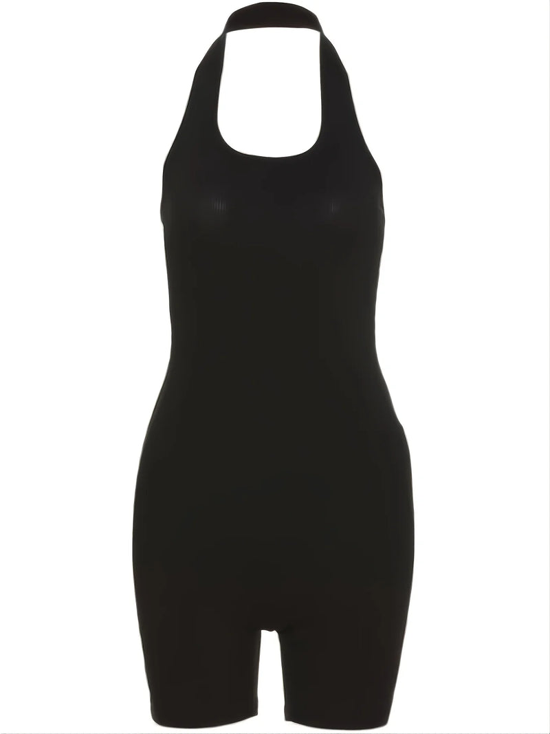 Plus Size Fashion Black Halter Jumpsuit, Women's Solid Color Sexy Body-Con Black Clothes