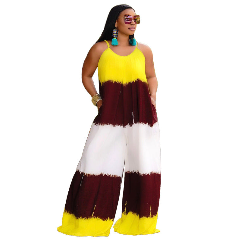 Plus Size New Patchwork Printed Suspenders Fashion Casual Long  Women Clothes Jumpsuit